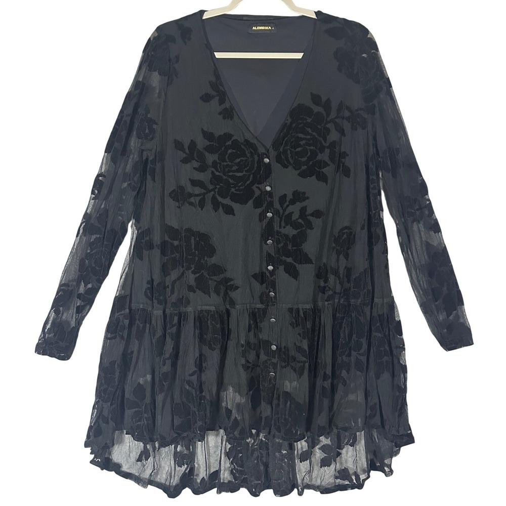 Alembika Black Floral Burnout V-Neck Tunic Dress